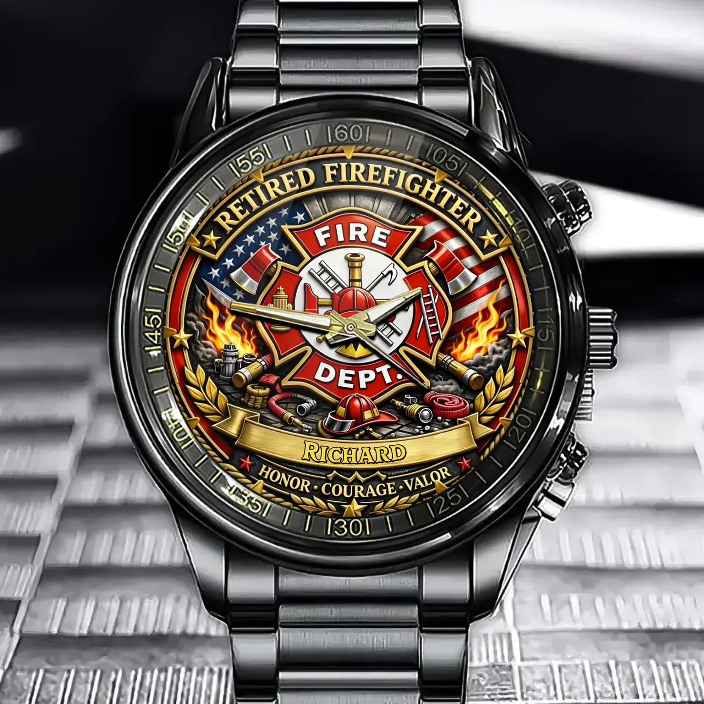 Personalized Retired Firefighter Watch- Custom Name Engraved Patriotic Design With Us Flag