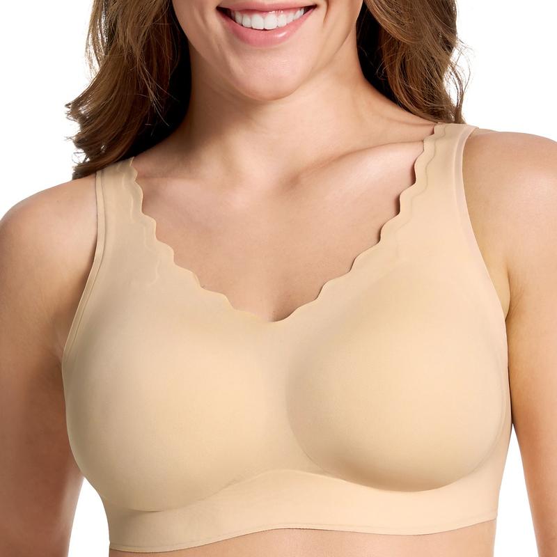 Women's Seamless Bras, No Underwire Scalloped Bras Soft V Neck Full Coverage Everyday Bra