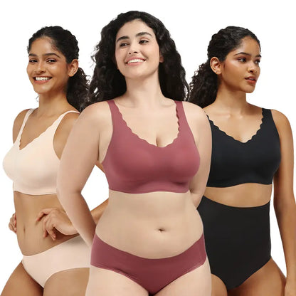 Women's Seamless Bras, No Underwire Scalloped Bras Soft V Neck Full Coverage Everyday Bra
