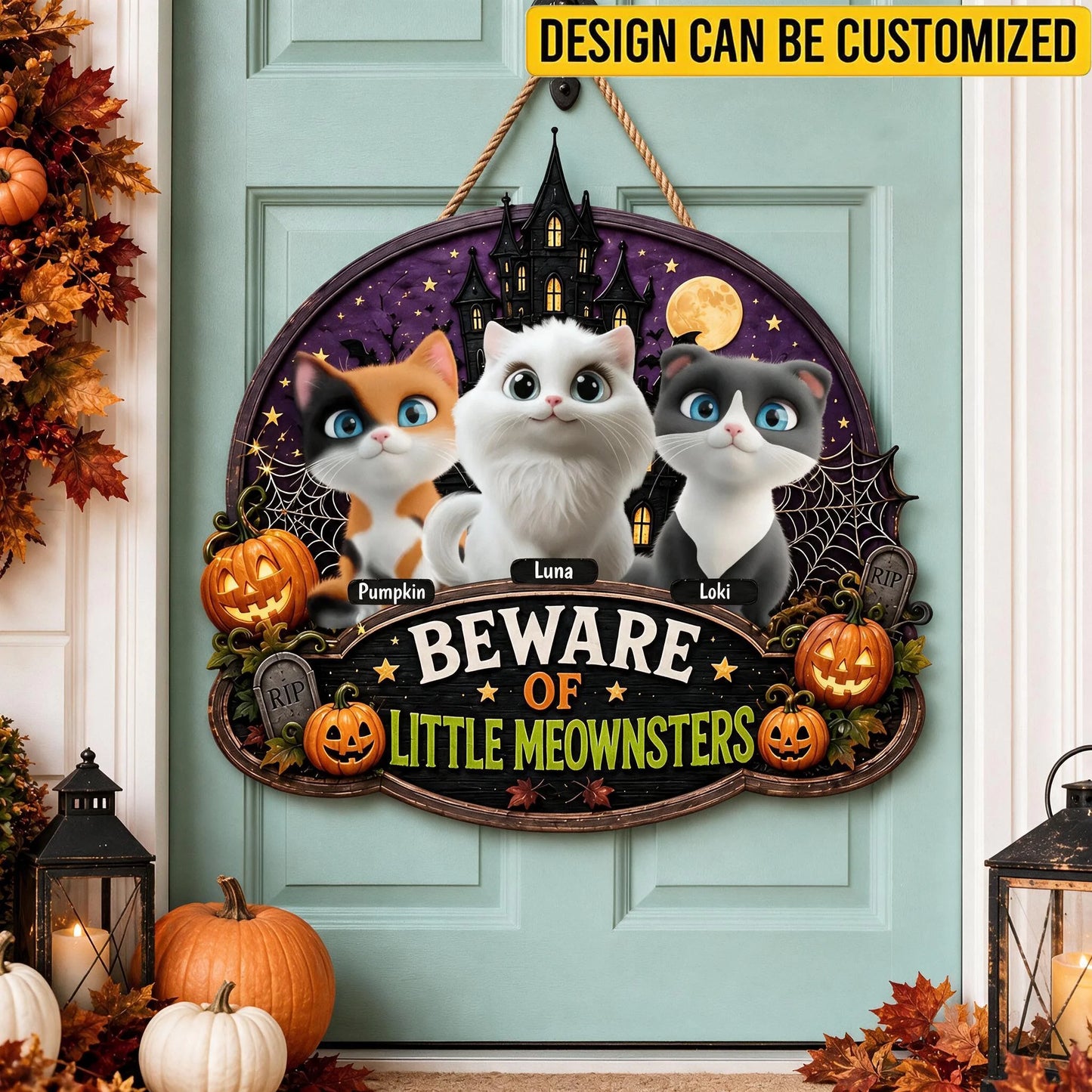 Custom Wooden Sign - Personalized Beware Of Little Meownsters Halloween Cat Haunted House Metal Sign - For Cat Lover & Spooky Decor