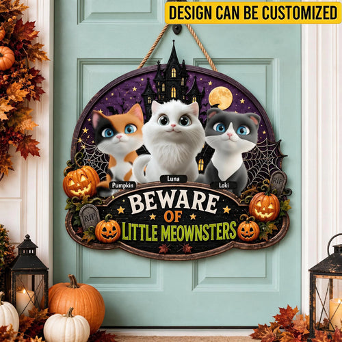 Custom Wooden Sign - Personalized Beware Of Little Meownsters Halloween Cat Haunted House Metal Sign - For Cat Lover & Spooky Decor