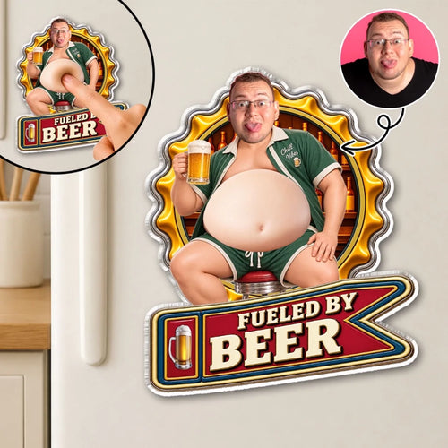 Custom Photo Dad Bod Belly Squishy Acrylic Fridge Magnet – Personalized Birthday Day Funny Gifts For Dad, Grandpa – Fueled By Beer