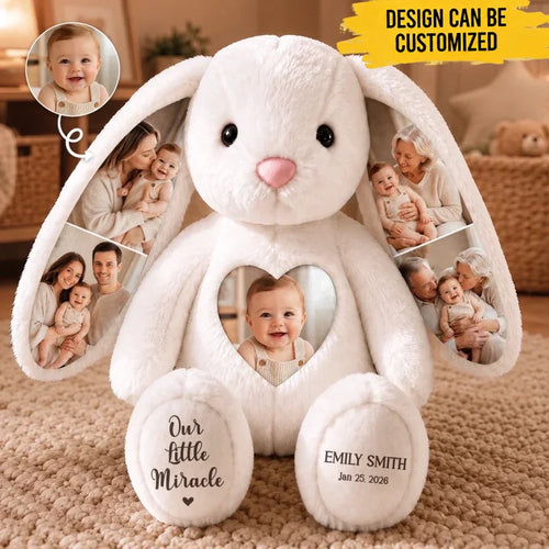 Custom Photo Heart Bunny Plush - Personalized Baby Shower, Gender Reveal Gifts For New Moms, New Dads, New Parents - Our Little Miracle