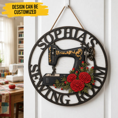 Custom Wooden Sign - Personalized Sewing Room Birth Month Flower Vintage Sewing Machine Round Wood Sign - For Sewing Lover & Crafter Gifts