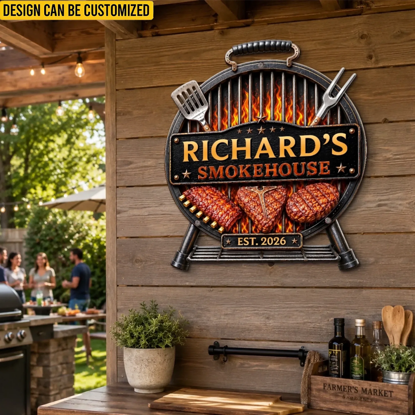 Custom BBQ Shaped Metal Sign - Personalized Grilling Gifts For BBQ Lovers, Husband, Son, Grandson, Brother, Grandpa, Dad, Yourself - Grill Chill Repeat