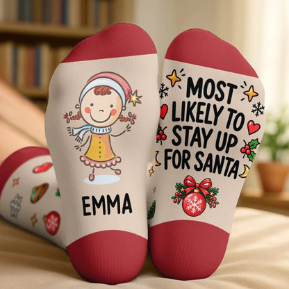 Custom Crew Socks - Personalized Christmas Birthday Gifts For Mom, Dad, Brother, Sister - Most Likely To Meet Santa