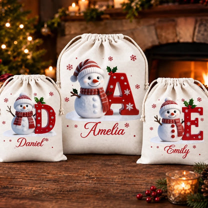 Custom Snowman Drawstring Gift Bag - Personalized Christmas Birthday Gifts For Mom, Dad, Brother, Sister - Chilly Days Warm Happy Smiles