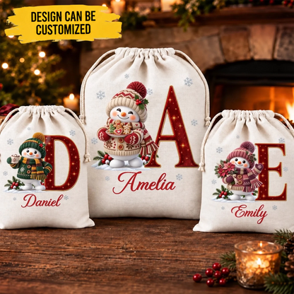 Custom Snowman Drawstring Gift Bag - Personalized Christmas Birthday Gifts For Mom, Dad, Brother, Sister - Frozen Joy Warm Happy Hearts