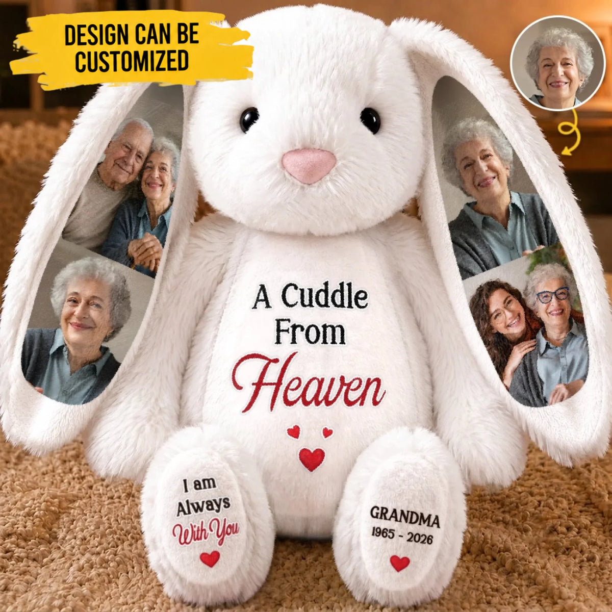Custom Photo Heart Bunny Plush - Personalized Memorial Sympathy Gifts For Loss Of Mom, Dad, Grandma, Grandpa - Carried In My Heart Forever
