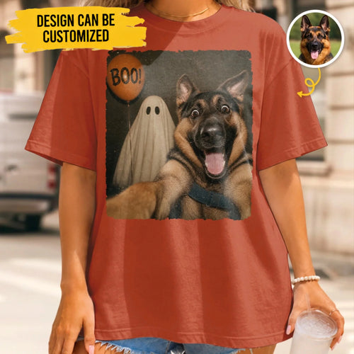 Custom Photo Funny Dog Selfie With Boo T-Shirt - Personalized Halloween Gifts For Dog Cat Lovers, Dog Dad And Mom, Cat Owners - My Pet Says Boo