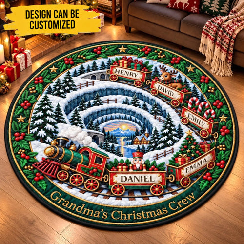 Custom Quilted Round Mat - Personalized Christmas Birthday Gifts For Grandma, Grandpa - Grandma’s Christmas Train Crew