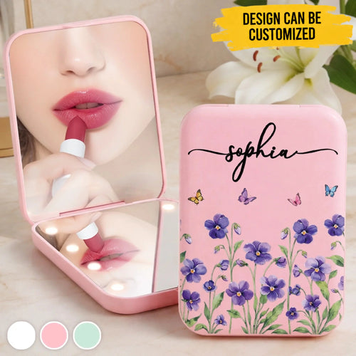 Custom Purple Floral Name Gifts - Personalized Compact Mirror - Blooming With Beauty