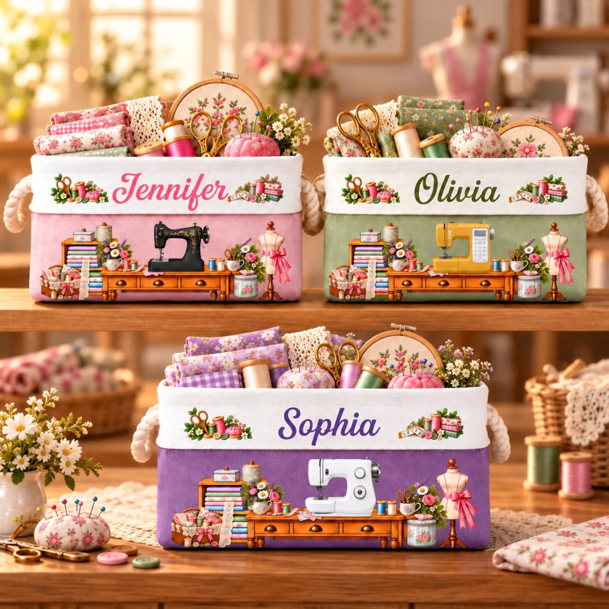 Custom Name Sewing Machine Gifts For Sewer, Seamstresses, Women - Personalized Storage Basket