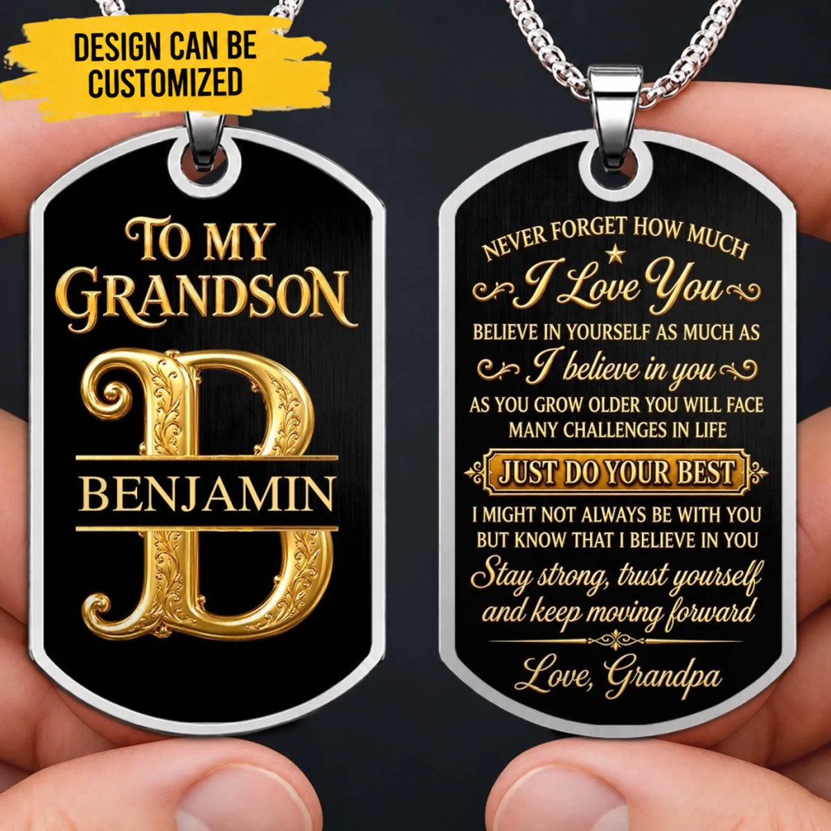 Custom Name Encouragement Gifts for Son and Grandson from Grandpa - Personalized Dog Tag Necklace