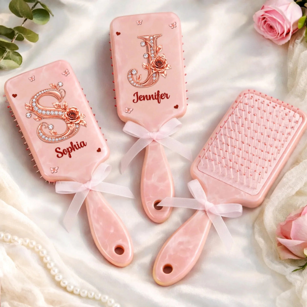 Custom Name Floral Initial Gifts For Women - Personalized Paddle Hair Brush