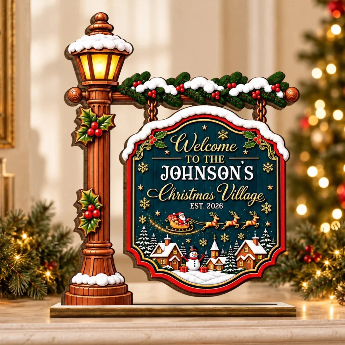 Custom Name Christmas Village Gifts - Personalized 2-Layered Wooden Plaque With Flat Stand
