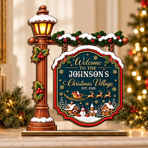 Custom Name Christmas Village Gifts - Personalized 2-Layered Wooden Plaque With Flat Stand