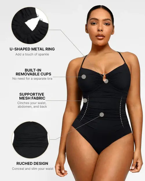 Women's Smart Sculpt Shaping Swimsuit U-Ring Cut Out Slimming Swimwear One Piece Tummy Tucking Bathing Suit