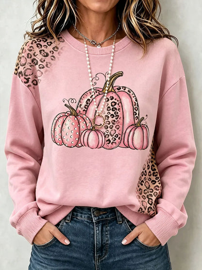 Women Pink Leopard Splice Pumpkin Graphic Fall Crewneck Sweatshirt