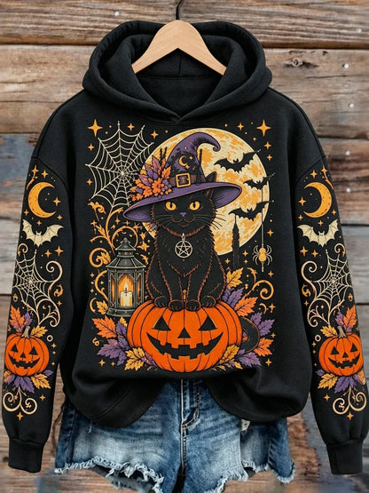 Women's Halloween Black Cat And Pumpkin Print Casual Hoodie
