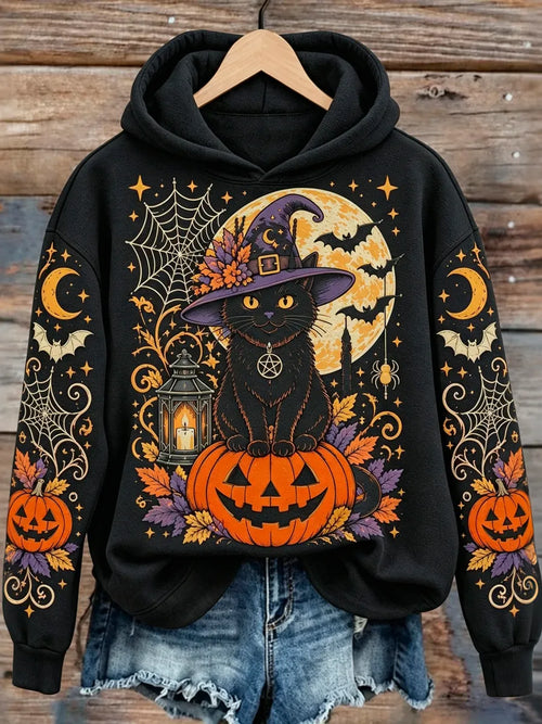 Women's Halloween Black Cat And Pumpkin Print Casual Hoodie