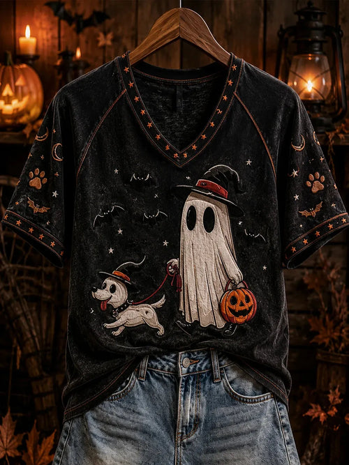 Women's Ghost Walking Dog Graphic Mineral Wash T-Shirt
