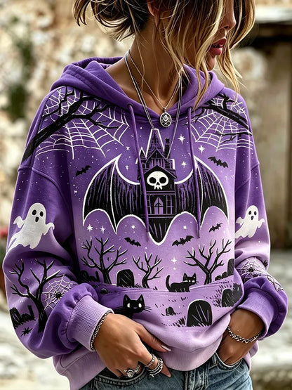Women's Gothic Halloween Pullover Hoodie With Haunted Castle, Bats, Ghosts, And Spooky Forest Print