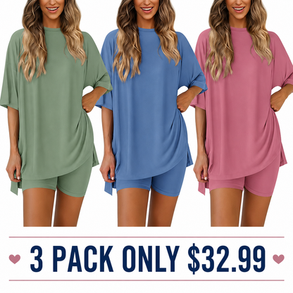 🔥Women's Two Piece Lounge Set Summer Casual Oversized Shirts Biker Shorts