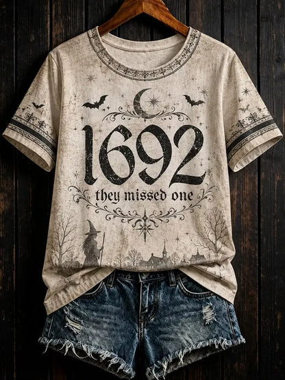 Halloween  1692 They Missed One Slogan Graphic Print Short Sleeve Top