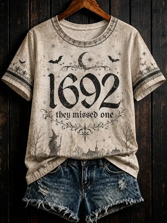 Halloween  1692 They Missed One Slogan Graphic Print Short Sleeve Top