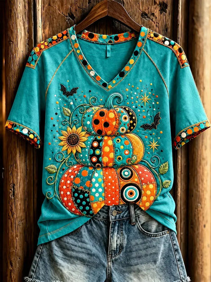 Women's Patchwork Stacked Pumpkin Graphic T-Shirt