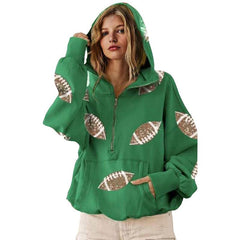 Game Day Sweatshirts Football Sequin Hoodies Tailgate Outfits Long Sleeve Zipper Sweaters with Pocket