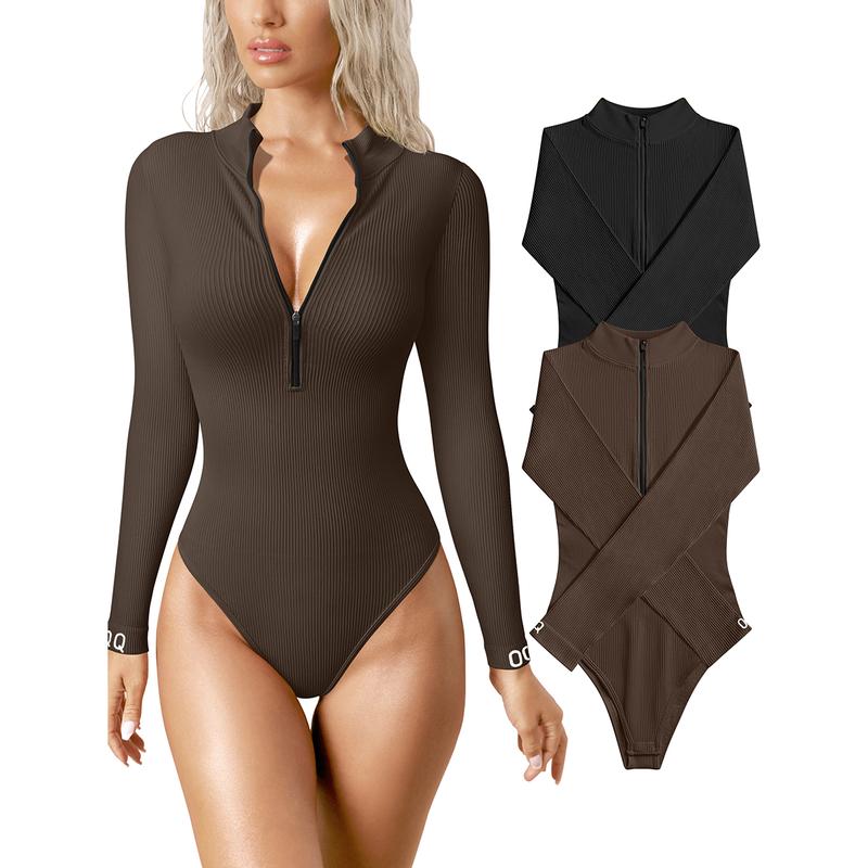 Bodysuits Sexy Ribbed One Piece Zip Front Long Sleeve Tops Bodysuits