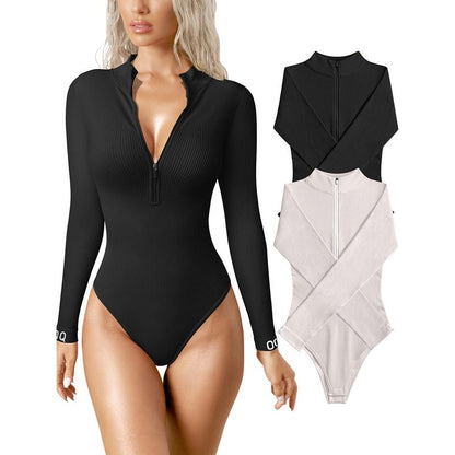 Bodysuits Sexy Ribbed One Piece Zip Front Long Sleeve Tops Bodysuits