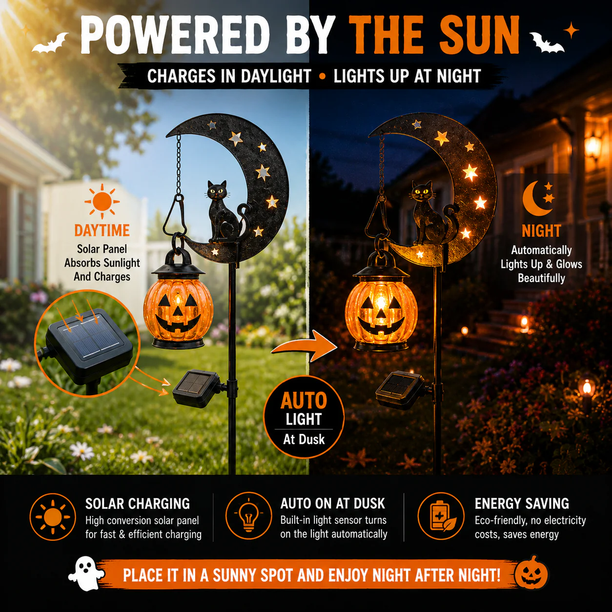 Halloween Garden Stake Light with Black Cat & Pumpkin