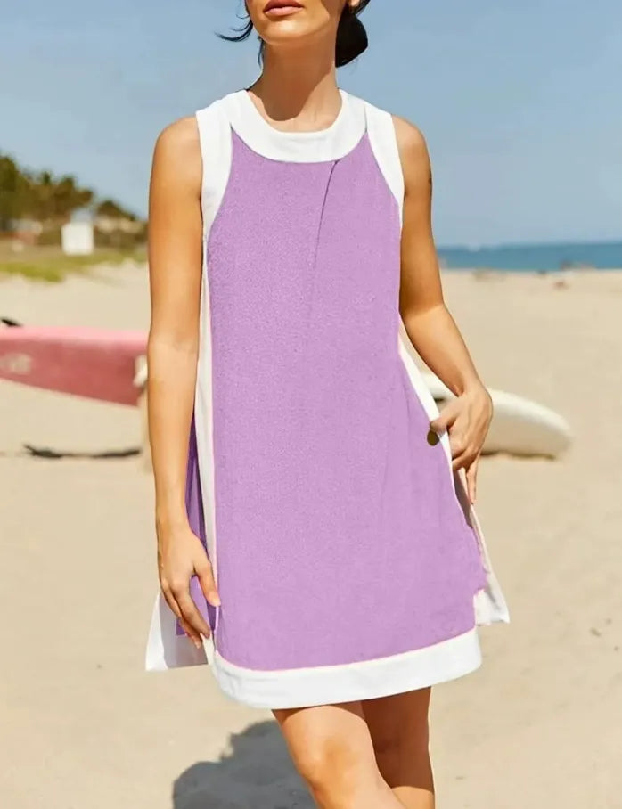 Two Piece Sets Color Block Crewneck Sleeveless Pullover Tops Matching Shorts With Pockets