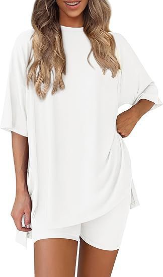 🔥Women's Two Piece Lounge Set Summer Casual Oversized Shirts Biker Shorts