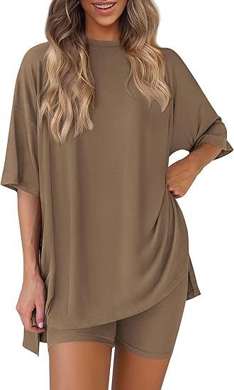 🔥Women's Two Piece Lounge Set Summer Casual Oversized Shirts Biker Shorts