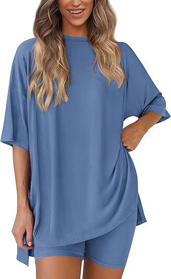 🔥Women's Two Piece Lounge Set Summer Casual Oversized Shirts Biker Shorts