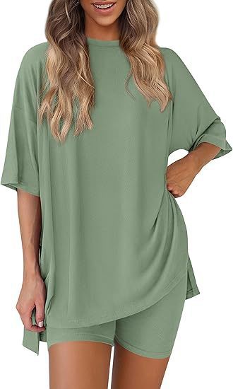 🔥Women's Two Piece Lounge Set Summer Casual Oversized Shirts Biker Shorts