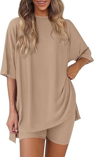 🔥Women's Two Piece Lounge Set Summer Casual Oversized Shirts Biker Shorts