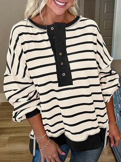 Womens Fall 2025 Striped Oversized Sweatshirt Long Sleeve Button Up Henley Neck Waffle Knit Pullover Tunic Tops