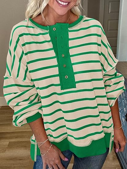 Womens Fall 2025 Striped Oversized Sweatshirt Long Sleeve Button Up Henley Neck Waffle Knit Pullover Tunic Tops