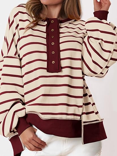 Womens Fall 2025 Striped Oversized Sweatshirt Long Sleeve Button Up Henley Neck Waffle Knit Pullover Tunic Tops