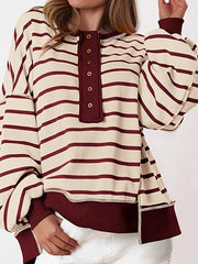 Womens Fall 2025 Striped Oversized Sweatshirt Long Sleeve Button Up Henley Neck Waffle Knit Pullover Tunic Tops