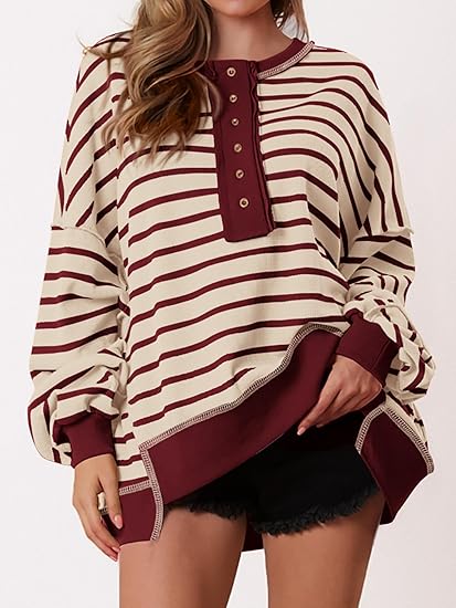 Womens Fall 2025 Striped Oversized Sweatshirt Long Sleeve Button Up Henley Neck Waffle Knit Pullover Tunic Tops
