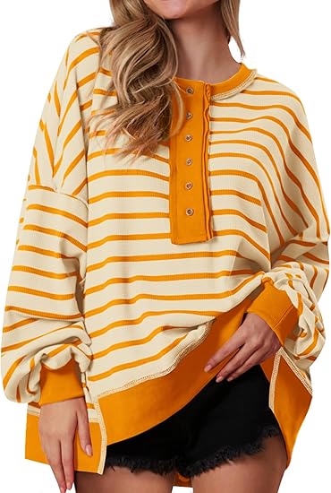 Womens Fall 2025 Striped Oversized Sweatshirt Long Sleeve Button Up Henley Neck Waffle Knit Pullover Tunic Tops