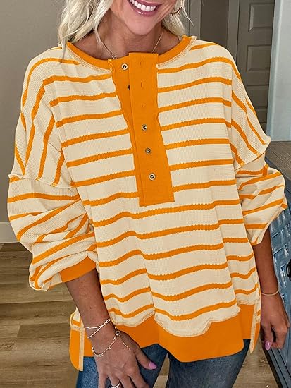 Womens Fall 2025 Striped Oversized Sweatshirt Long Sleeve Button Up Henley Neck Waffle Knit Pullover Tunic Tops