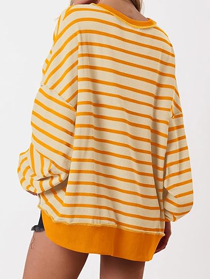 Womens Fall 2025 Striped Oversized Sweatshirt Long Sleeve Button Up Henley Neck Waffle Knit Pullover Tunic Tops