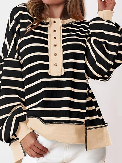 Womens Fall 2025 Striped Oversized Sweatshirt Long Sleeve Button Up Henley Neck Waffle Knit Pullover Tunic Tops